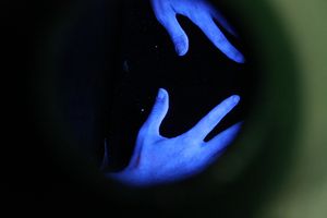 Ein Blick in die Schwarzlichtbox zeigt, ob die Händedesinfektion erfolgreich war.